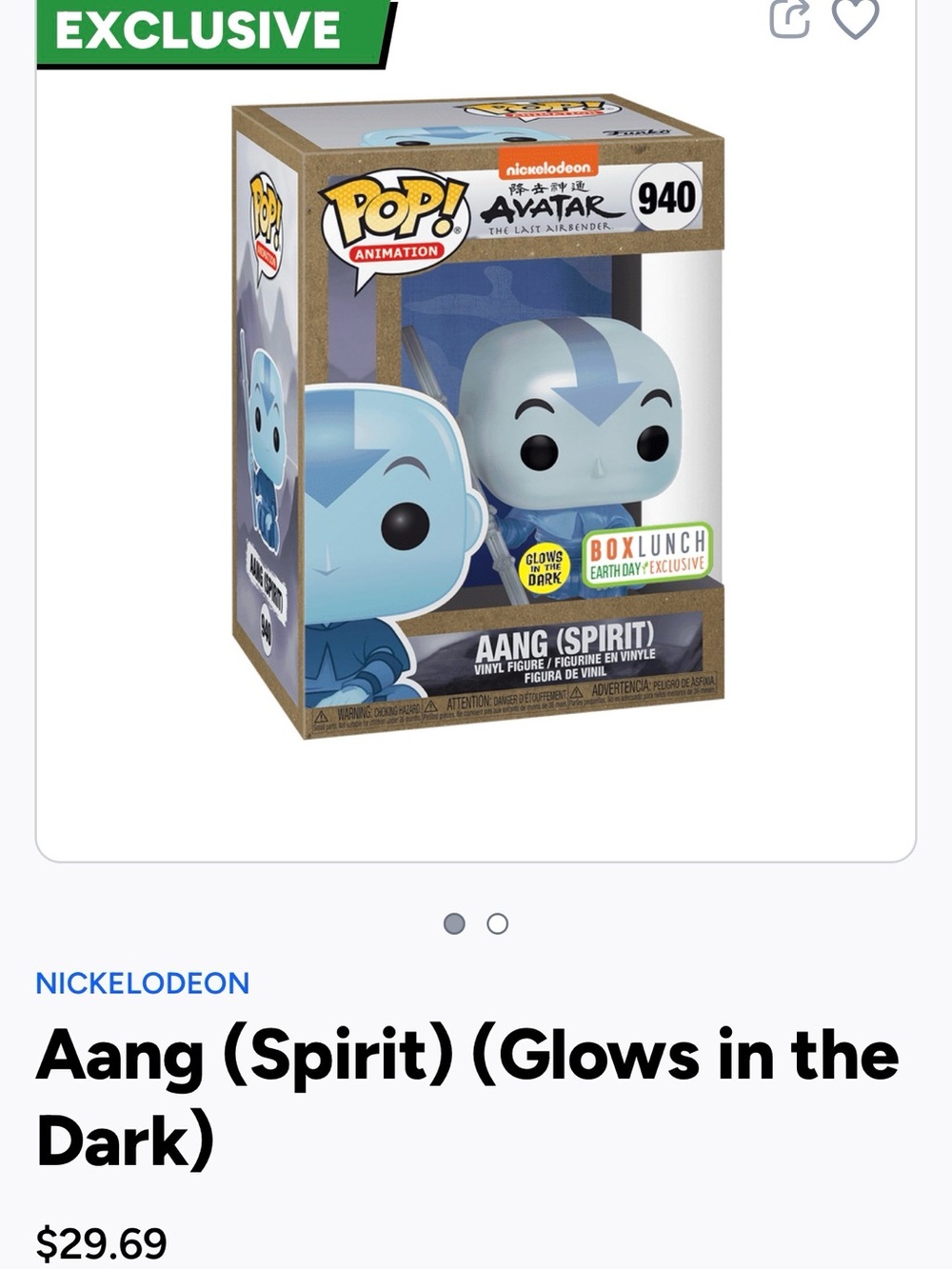 Nickelodeon Aang (Spirit) Glow Pop! Vinyl - Light Blue- 940